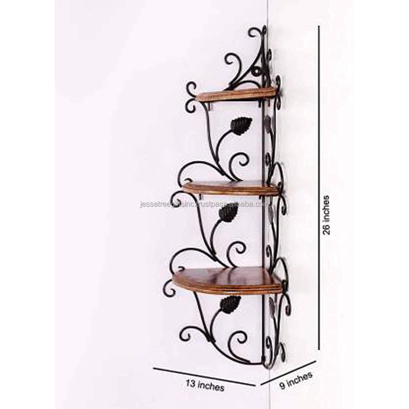 Stylish Metal Wire Wall Mounted Corner Shelf With Black Powder Coating Finishing Leaves Design Three Wooden Tiers For Storage