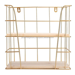 Metal Wire Wall Hanging Rack With Gold Powder Coating Finishing Square Shape Good Quality With Two Wooden Tier For Storage