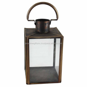 Metal & Glass Hanging Candle Lantern With Antique Copper Finishing Square Shape Fancy Design Best For Home Decoration