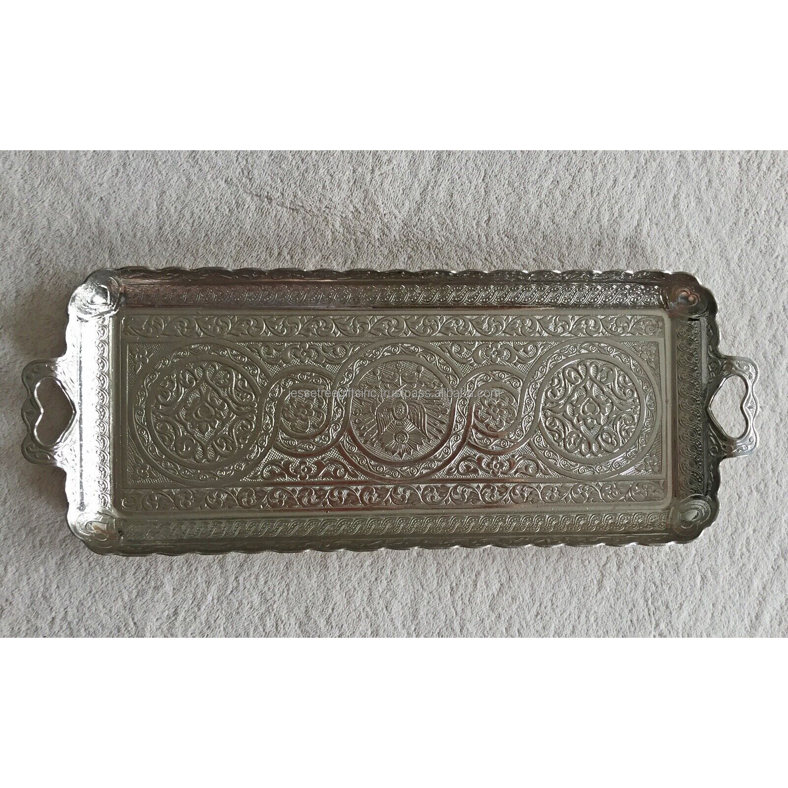 Decorative Nickel Plating Finishing Metal Serving Tray Embossed Floral Design Rectangle Shape Two Heart Handles For Serving