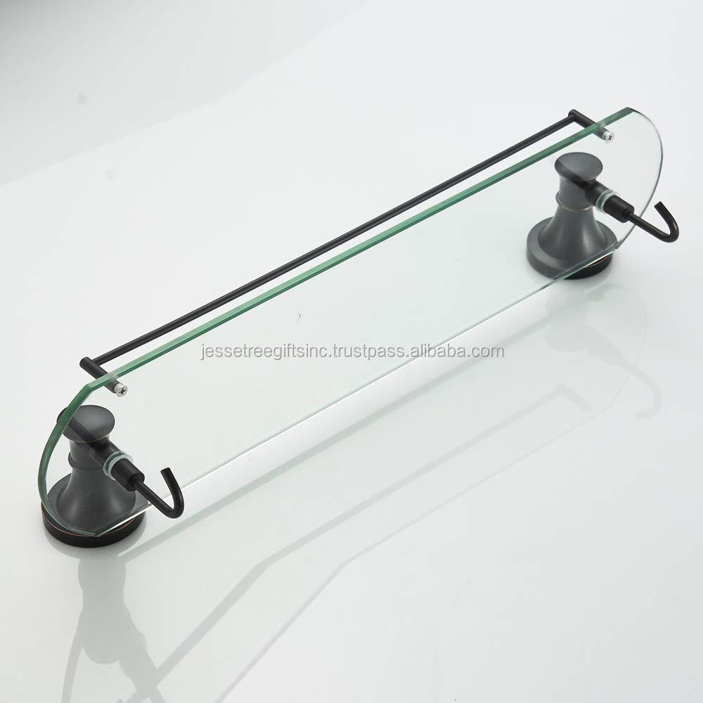 24 Inch Glass Shelf With Rail & Hooks For Bathroom - Oil Rubbed Bronze Rectangular Shower Shelf Wall Mounted