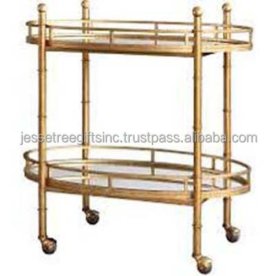 Metal Three Wheels Bar Cart With Gold Plating Finishing Oval Shape Genuine Quality Black Glass Two Tier For Serving