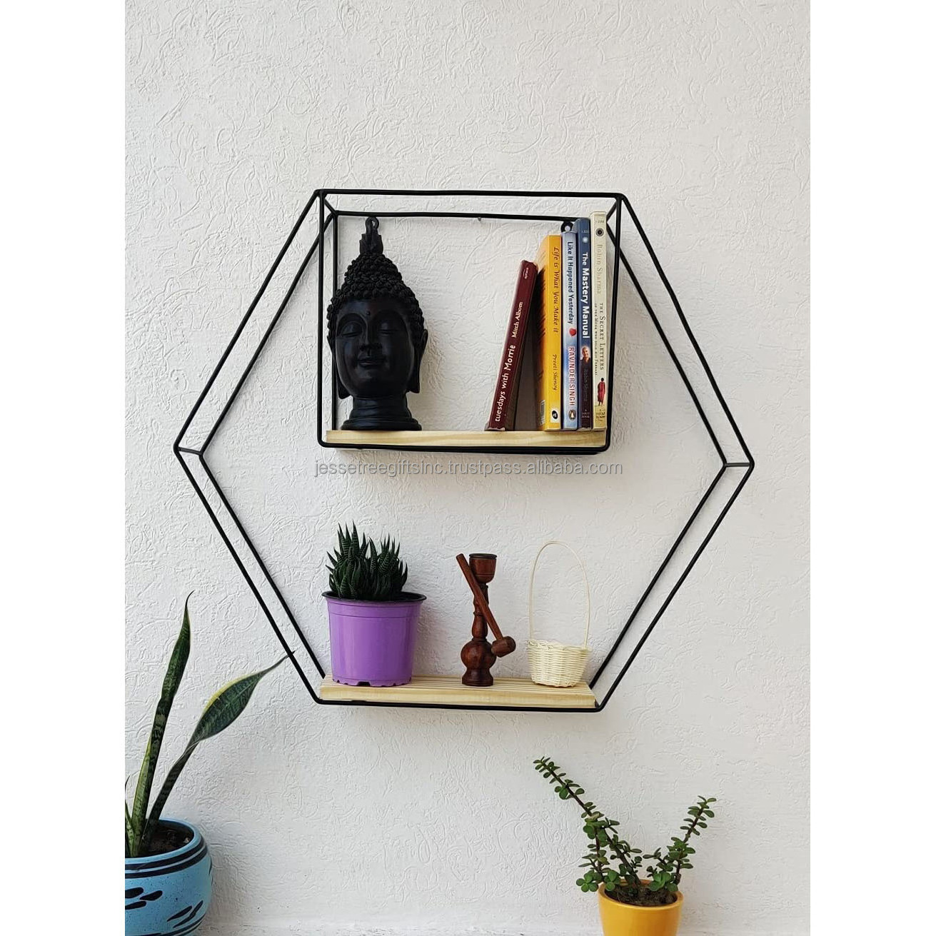 Metal Wire Wall Shelf Three Wooden Tiers With Black Powder Coating Finishing Hexagonal Shape High Quality For Storage