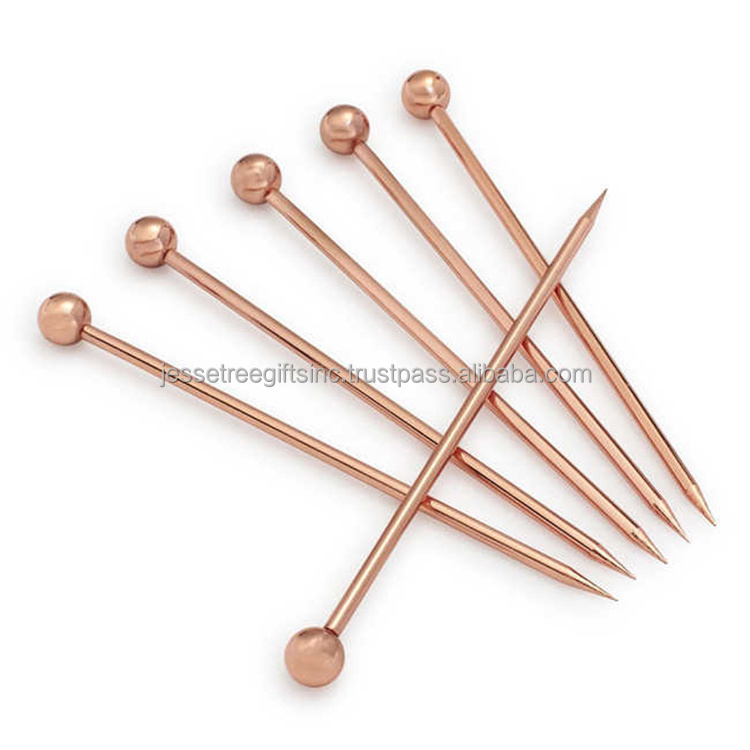 Stainless Steel Cocktail Pick Set Of Six Pieces With Shiny Polish Finishing Round Copper Handle For Spearing Fruits