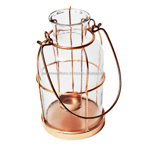 Metal & Glass Hanging Votive Holder Lantern Style With Copper Powder Coating Finishing Round Shape For Home Decoration