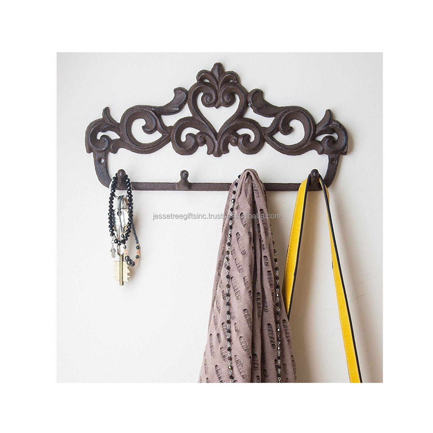 New Cast Iron Wall Mounted Hook With Brown Powder Coating Finishing Floral Embossed Design High Quality For Home Decoration