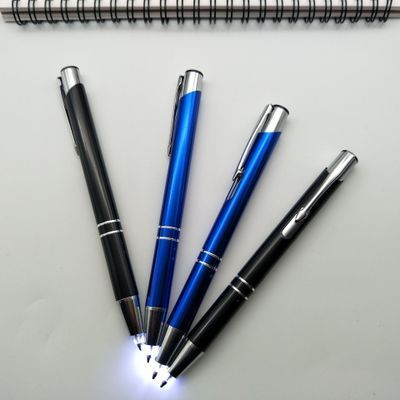 2020 new design 2 in 1 multi-function classical click led pen cheap aluminum barrel pen power light writing in the dark pen