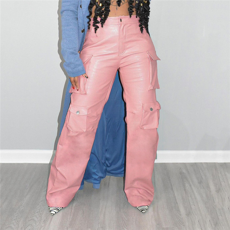 S3989-new 2023 fashion pink cargo pants women leather pants women streetwear pants