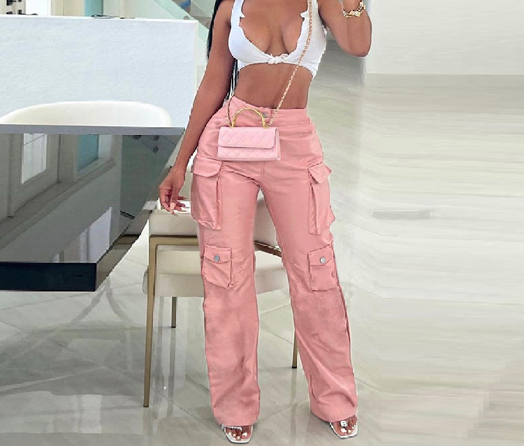 S3989-new 2023 fashion pink cargo pants women leather pants women streetwear pants