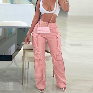 S3989-new 2023 fashion pink cargo pants women leather pants women streetwear pants