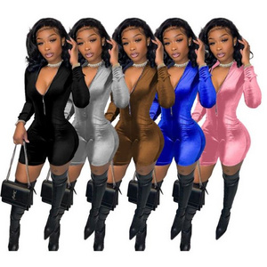 Q1021A-clothing female wholesale zipper long sleeve shorts jumpsuit velour jumpsuit women