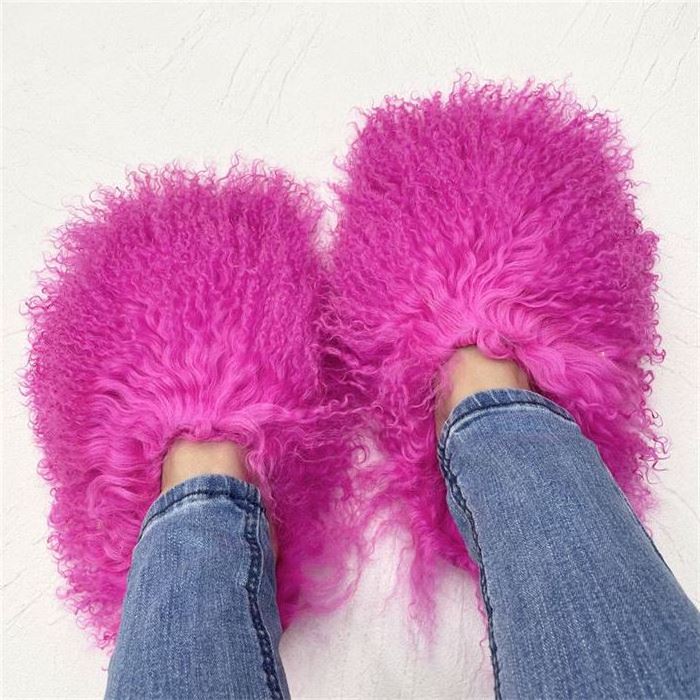 R1350-women winter shoes 2022 mongolian fur slides for women fluffy slippers