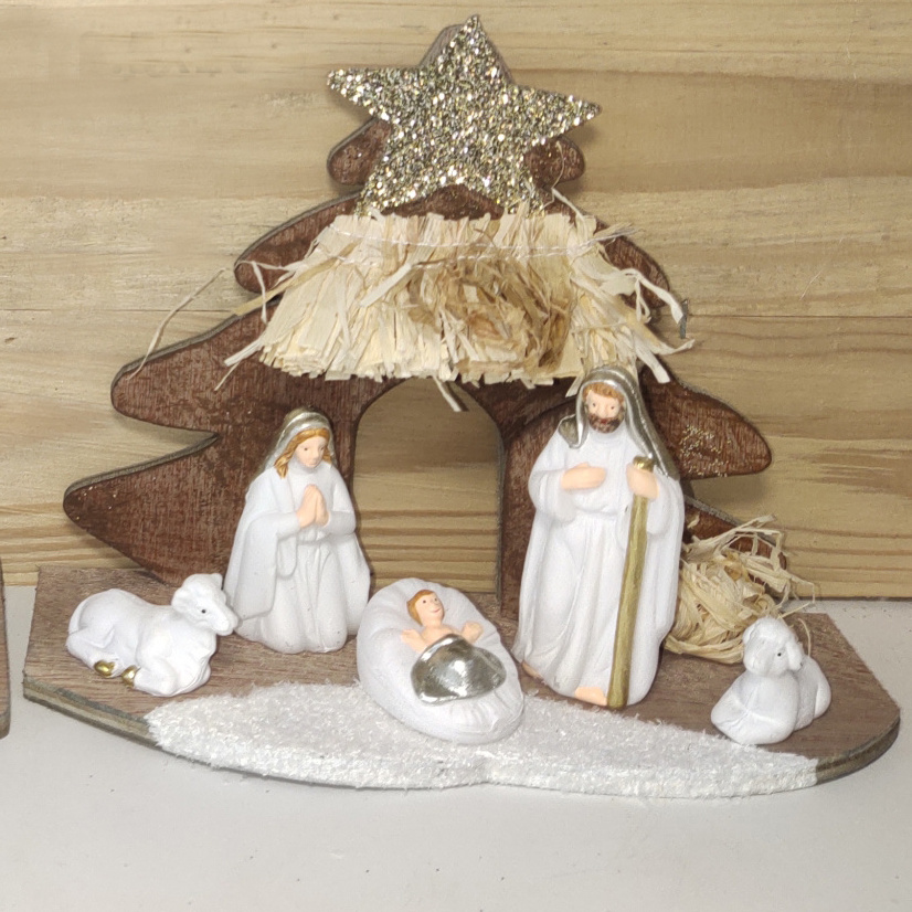 Factory customized Catholic Religious Gifts Desktop Decor Sculptures Holy Family Christmas Figurines with Led Lights