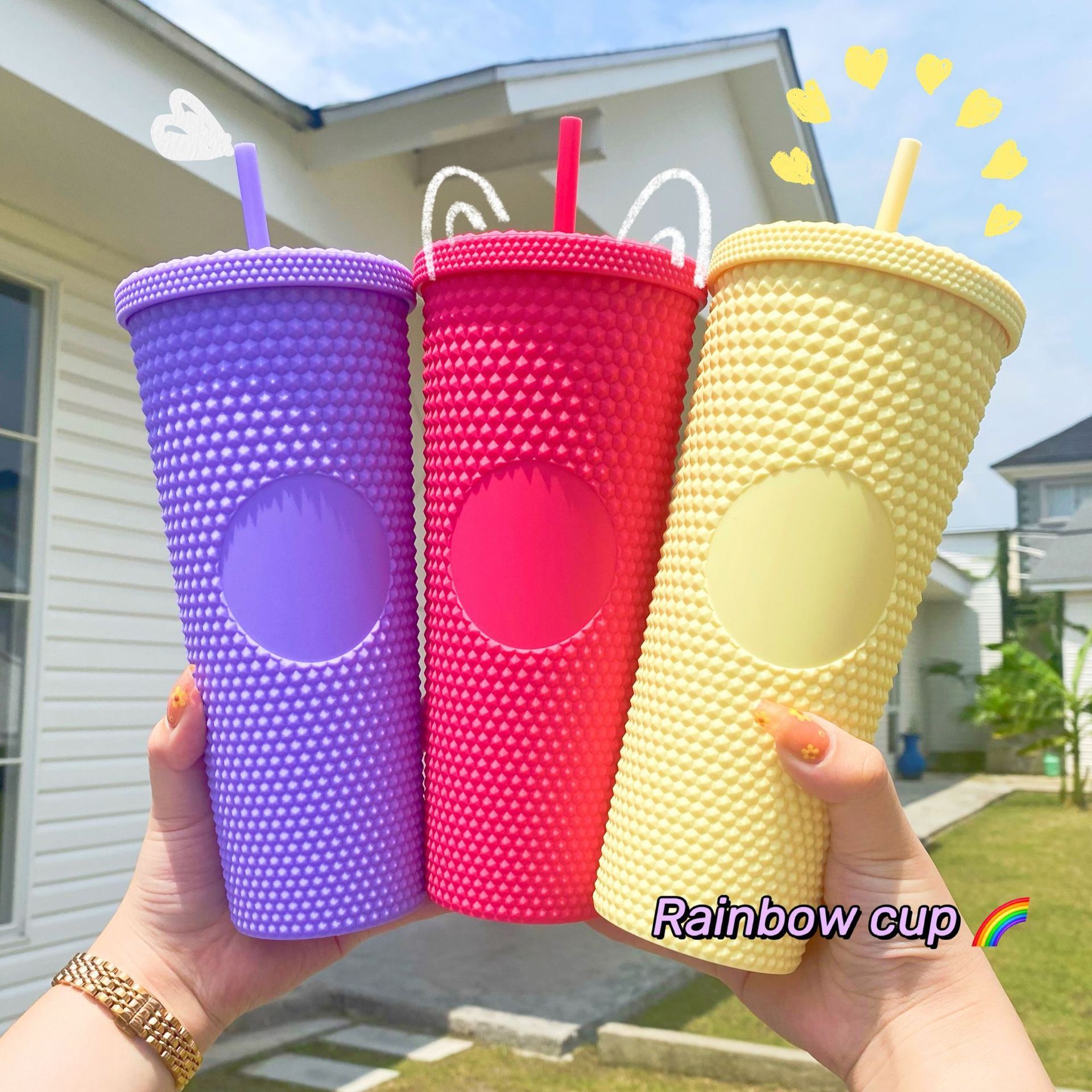 Portable hot diy durian shape multi color glitter diamond mug iridescent matte rainbow 24oz studded tumbler plastic cold cup