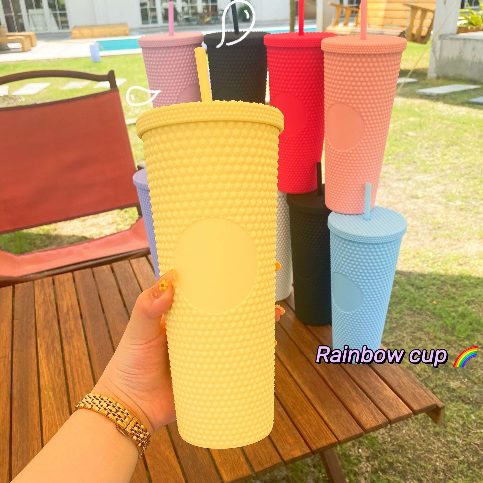 Portable hot diy durian shape multi color glitter diamond mug iridescent matte rainbow 24oz studded tumbler plastic cold cup