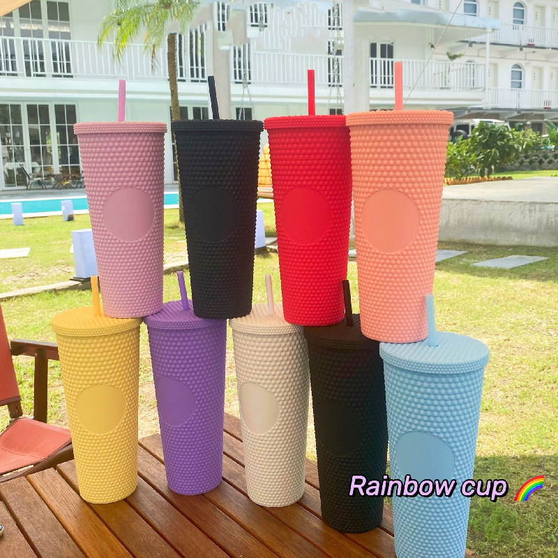 Portable hot diy durian shape multi color glitter diamond mug iridescent matte rainbow 24oz studded tumbler plastic cold cup