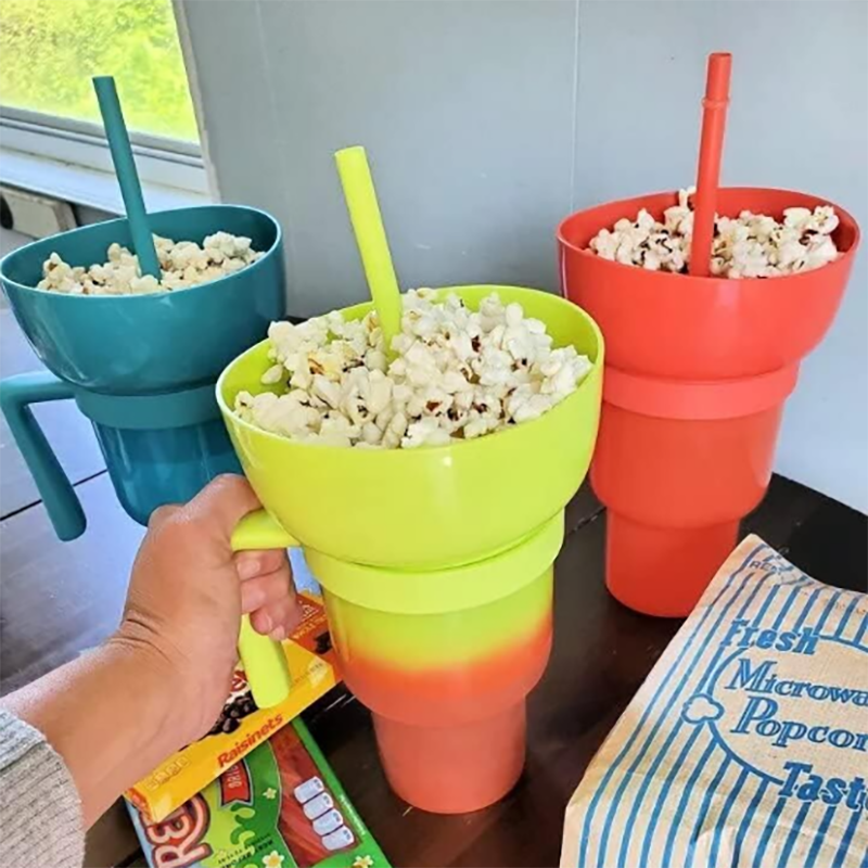 Factory Price 32oz Stadium Cup Plastic Tumbler Beverage 2 In 1 Snack And Cola Drink Cup Popcorn Cup With Snack Tray Bowl Straw