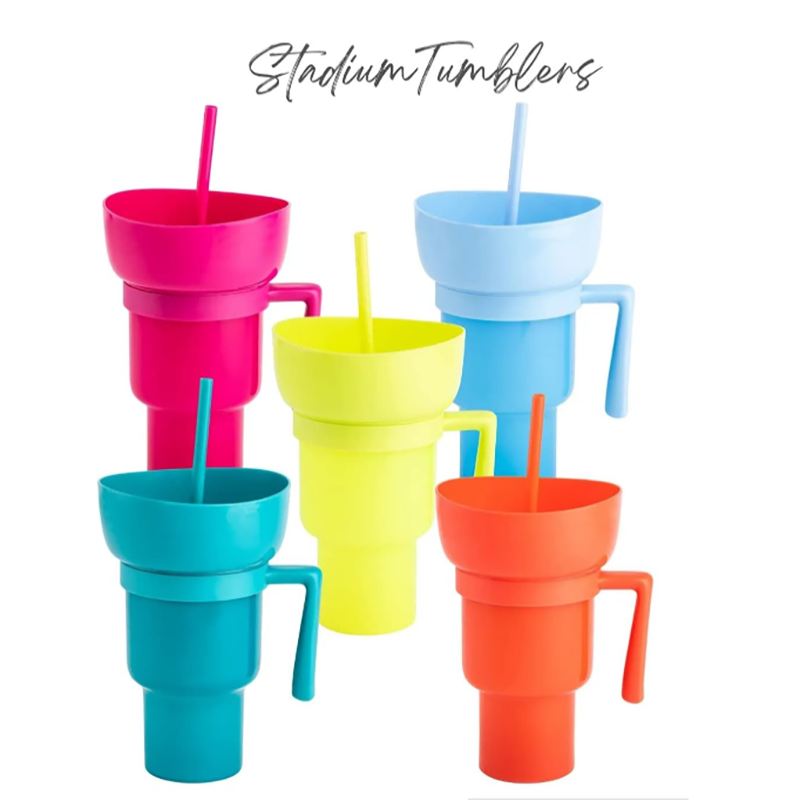 Factory Price 32oz Stadium Cup Plastic Tumbler Beverage 2 In 1 Snack And Cola Drink Cup Popcorn Cup With Snack Tray Bowl Straw