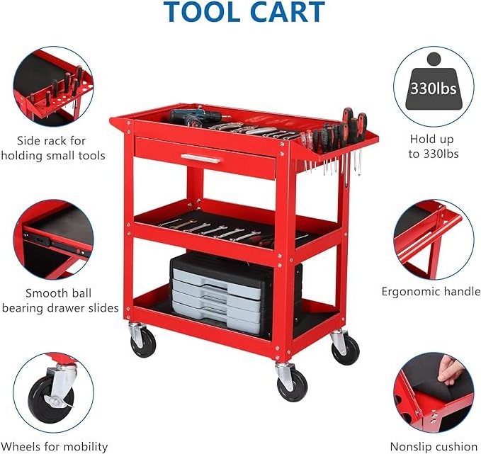 Heavy Duty Metal Rolling Cart on Wheels with Brake 330LBS Capacity Push Service Tool Cart for Workshop