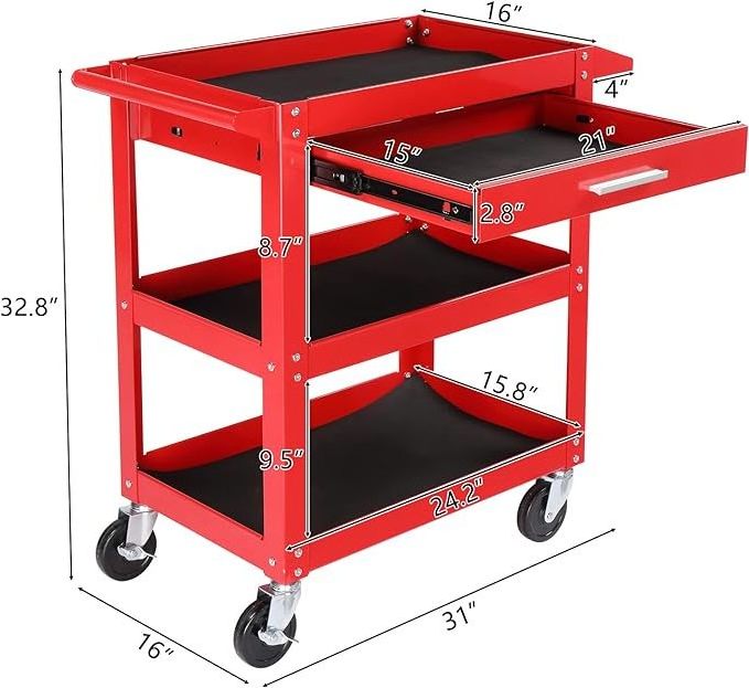 Heavy Duty Metal Rolling Cart on Wheels with Brake 330LBS Capacity Push Service Tool Cart for Workshop