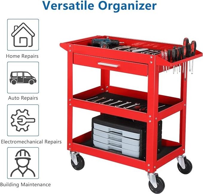 Heavy Duty Metal Rolling Cart on Wheels with Brake 330LBS Capacity Push Service Tool Cart for Workshop