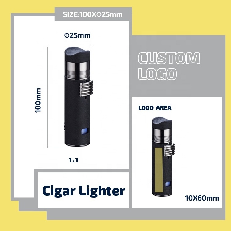 Classic Custom Logo Triple Flame Windproof  Punch in 1 Butane Torch Cigar Lighter