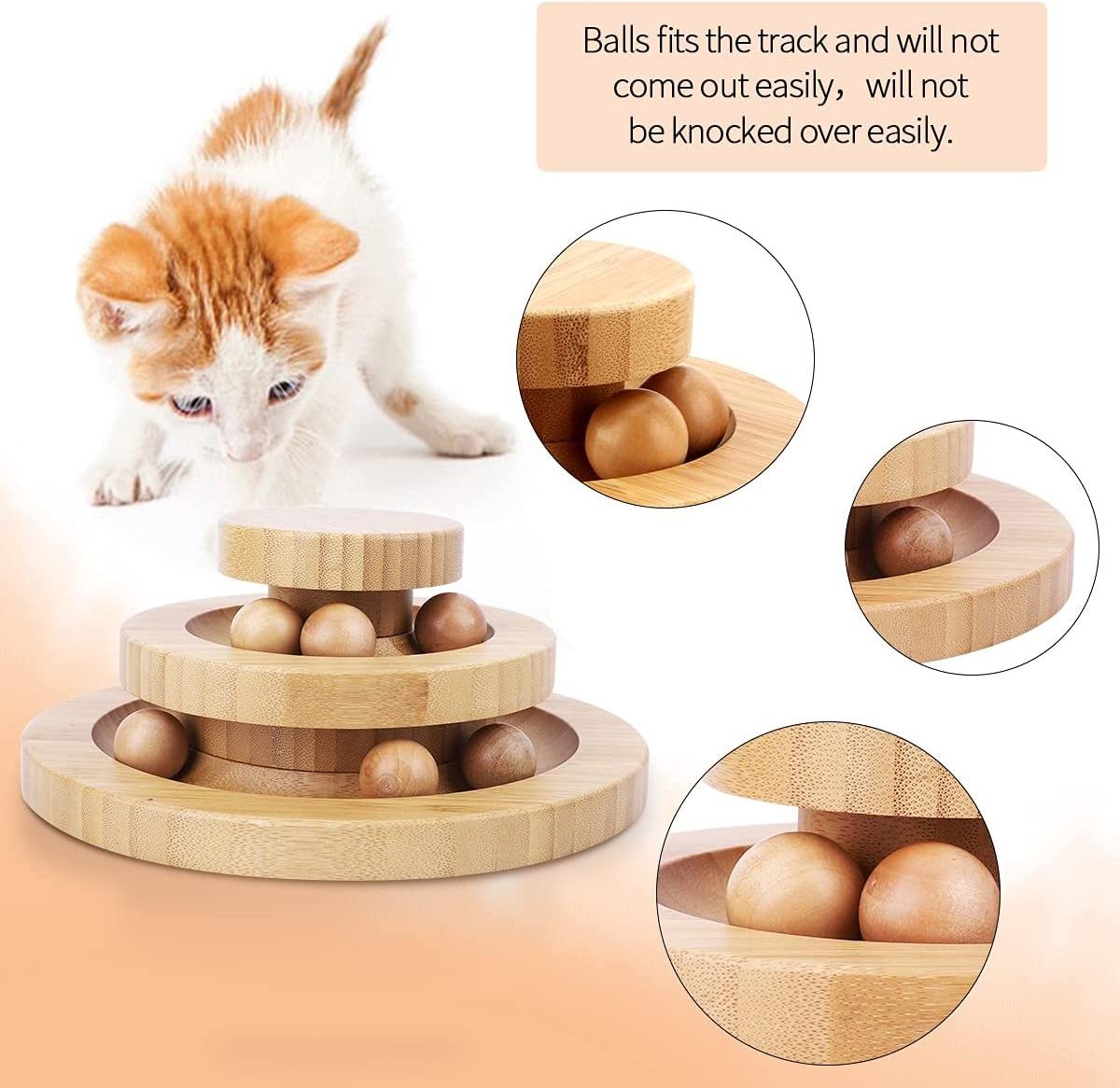 Interactive Cat Ball Toys, Wooden Cats Toys for Indoor Turntable Track with 6 Balls Cat Exercise Kitty Gifts Stuff