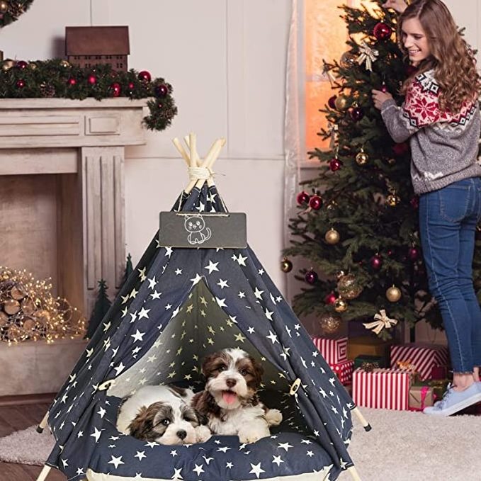 100% cotton outdoor canvas tent canopy for little cat Pet Teepee Bed Portable  folding Pet Tents Houses for kids Dogs cats