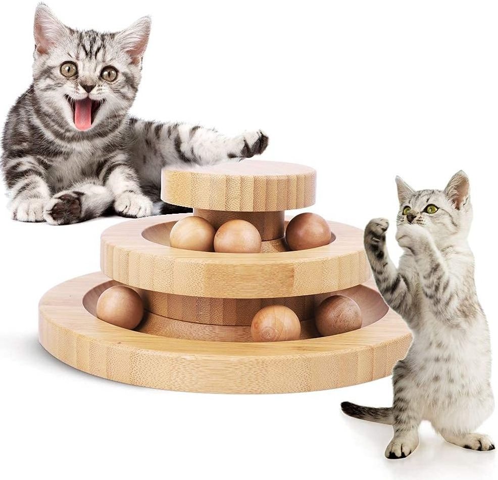 Interactive Cat Ball Toys, Wooden Cats Toys for Indoor Turntable Track with 6 Balls Cat Exercise Kitty Gifts Stuff