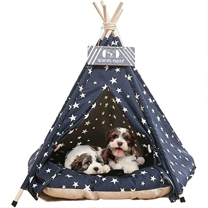 Wooden Luxury Camping Tents For Dog Tent Bed Toy Pet Teepee House with Soft cushion