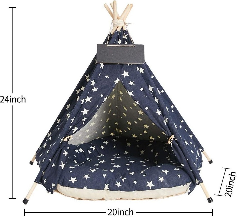 Wooden Luxury Camping Tents For Dog Tent Bed Toy Pet Teepee House with Soft cushion