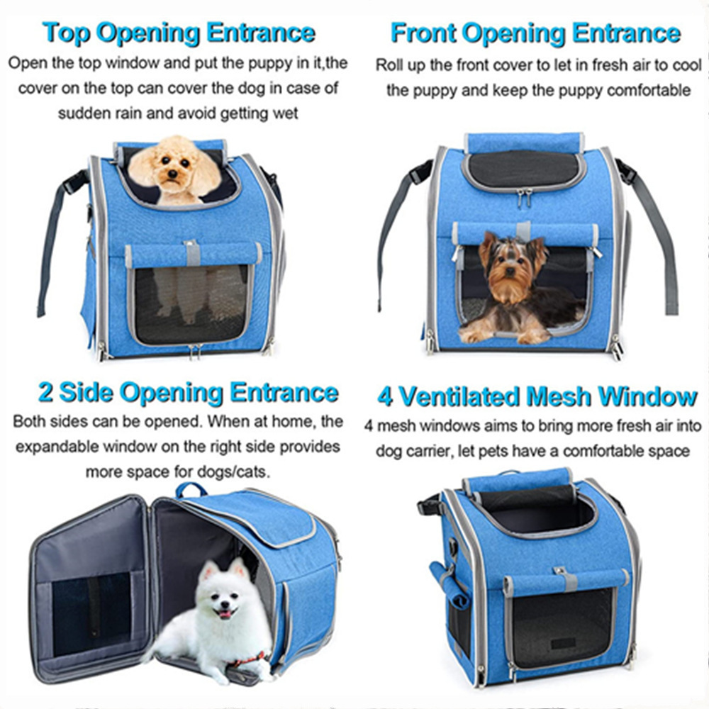 High quality dog Bike Basket Expandable Soft-Sided Pet Carrier Backpack with 4 Open Doors 4 Mesh Windows for Medium Dog puppies