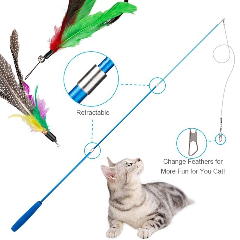 2PCS Retractable Cat Wand Toys and 10PCS Cat Feather Toy  with Bell Refills,Interactive Cat Toy