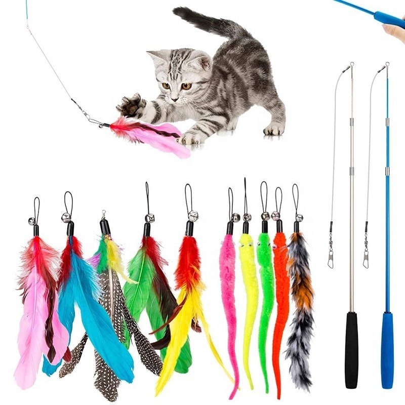 2PCS Retractable Cat Wand Toys and 10PCS Cat Feather Toy  with Bell Refills,Interactive Cat Toy