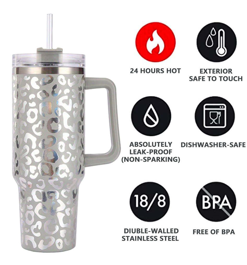 Wholesale Bulk Leopard Print Double Wall Customize 40 Oz Insulated Cups Stainless Steel 40Oz Tumbler With Handle And Straw