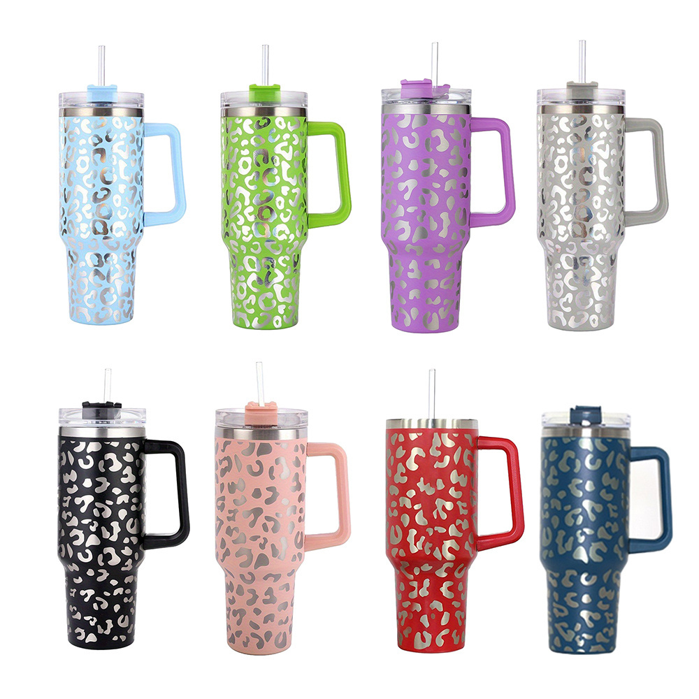 Wholesale Bulk Leopard Print Double Wall Customize 40 Oz Insulated Cups Stainless Steel 40Oz Tumbler With Handle And Straw