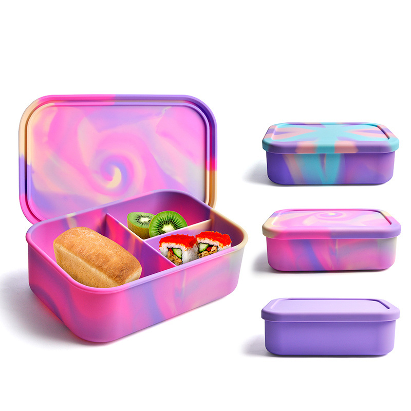 Hot Selling Food Grade Silicone Lunch Box Portable Kids Bento Box Rubber Food Storage Container with 3 Compartment