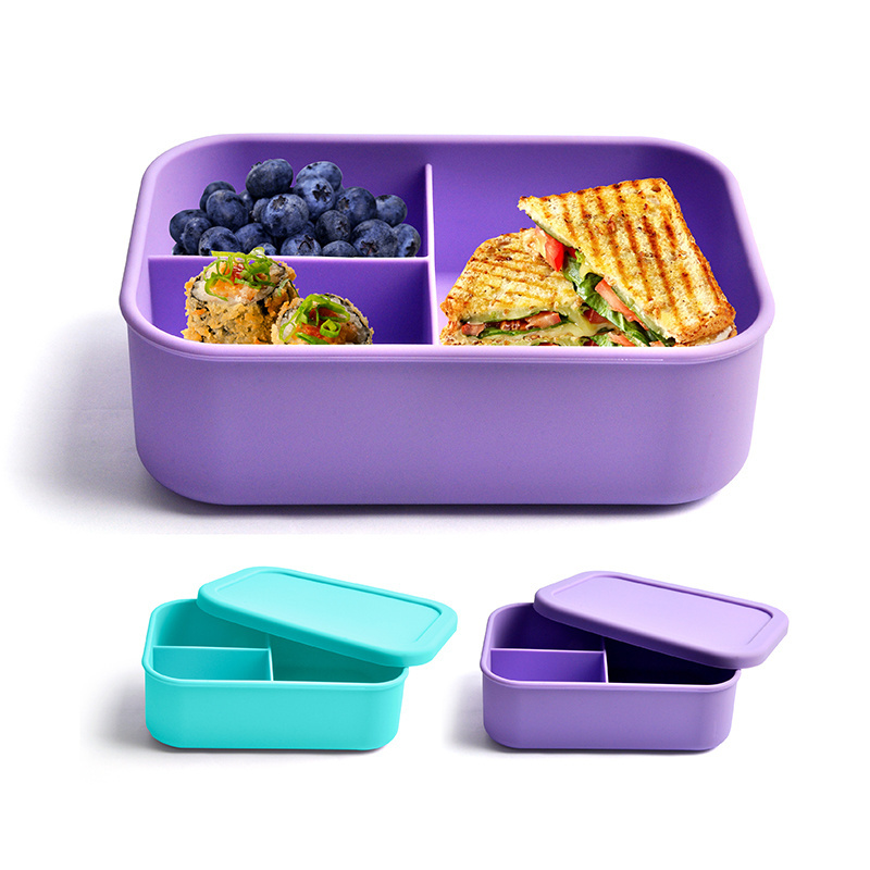 Hot Selling Food Grade Silicone Lunch Box Portable Kids Bento Box Rubber Food Storage Container with 3 Compartment