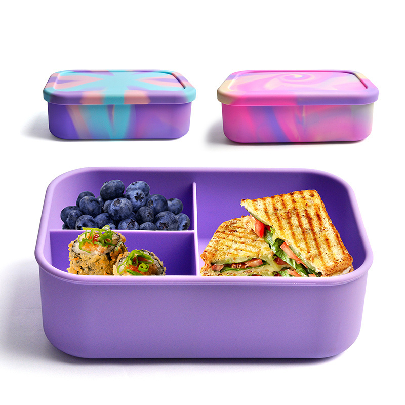 Hot Selling Food Grade Silicone Lunch Box Portable Kids Bento Box Rubber Food Storage Container with 3 Compartment