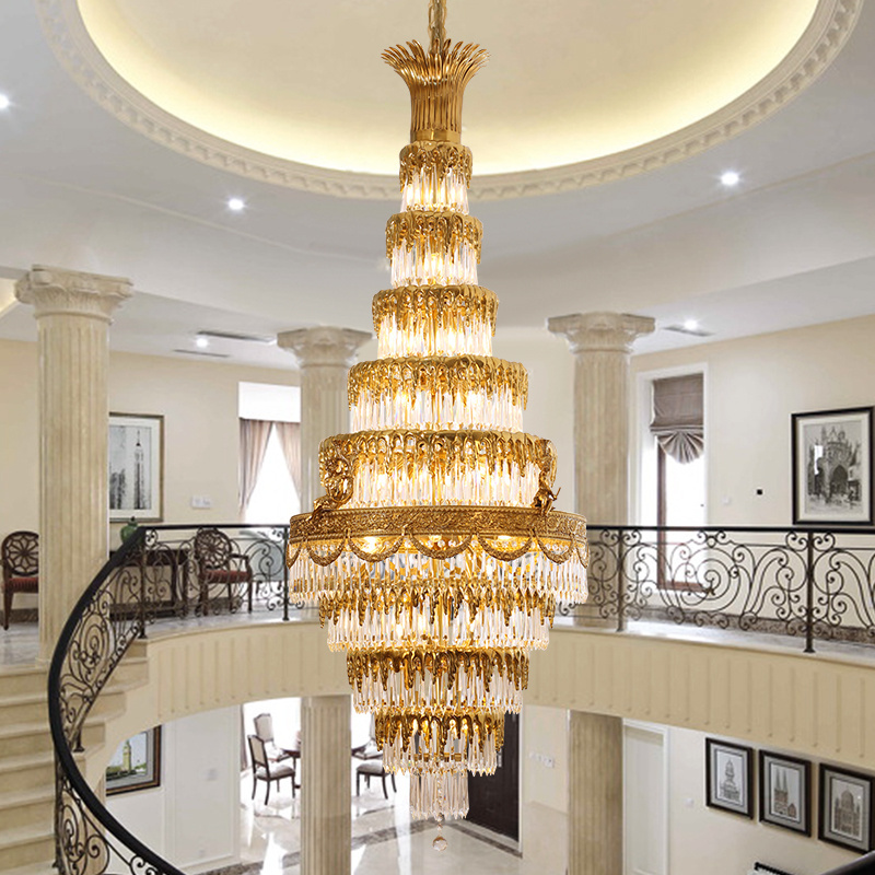 Jewellerytop customized luxury bronze stairwell pendant lighting long staircase chandelier k9 crystal stairs chandeliers light