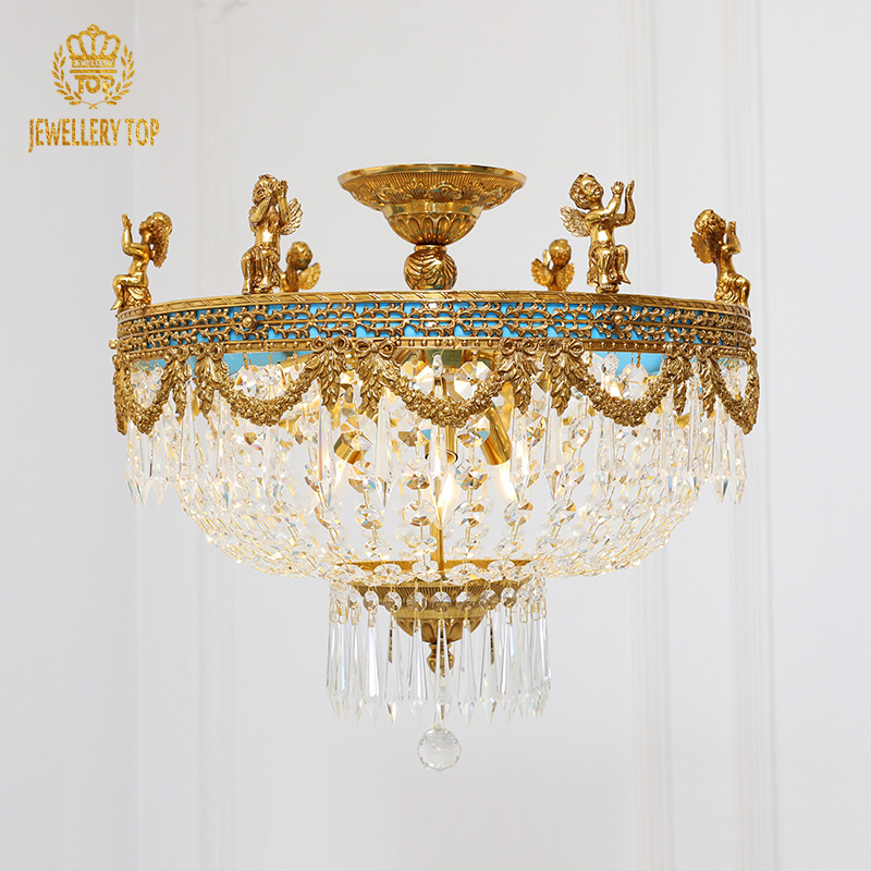 Jewellerytop french bronze lighting luxury ceiling lamps antique brass ceiling light flush mounted crystal chandelier