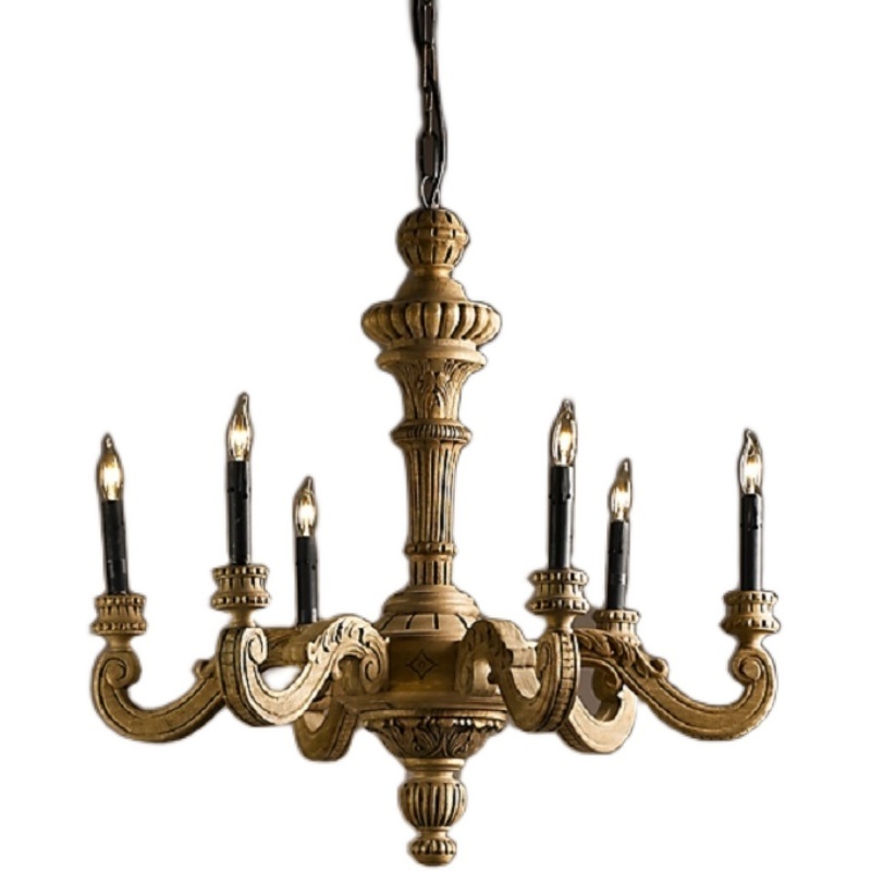 Jewellerytop french style rustic carved wood chandeliers country solid old style wood pendant lamp farmhouse light fixture