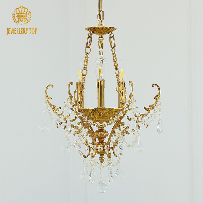 Jewellerytop modern hotel lighting gold luminous light crystal pendant lamp french brass small chandelier