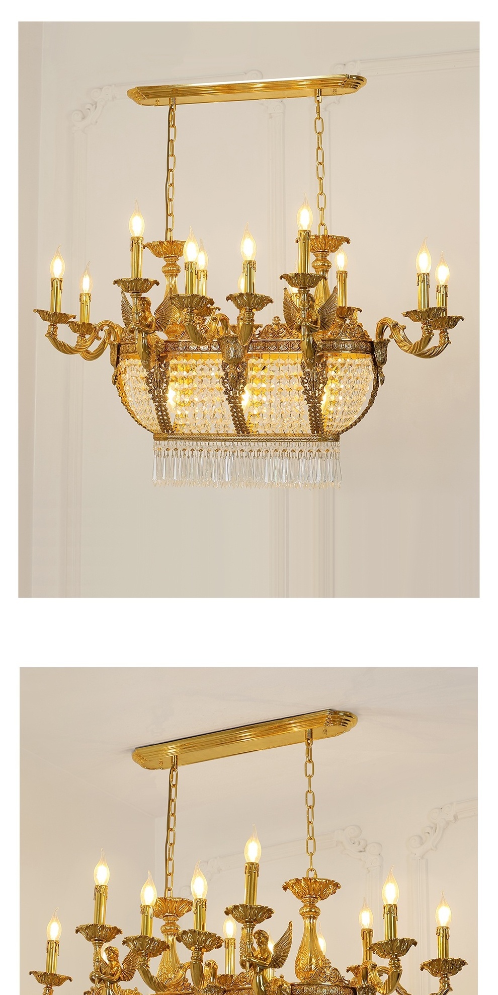 Jewellerytop french gold rectangular lighting low ceiling pendant lamp dining room crystal classical chandelier for dinning room