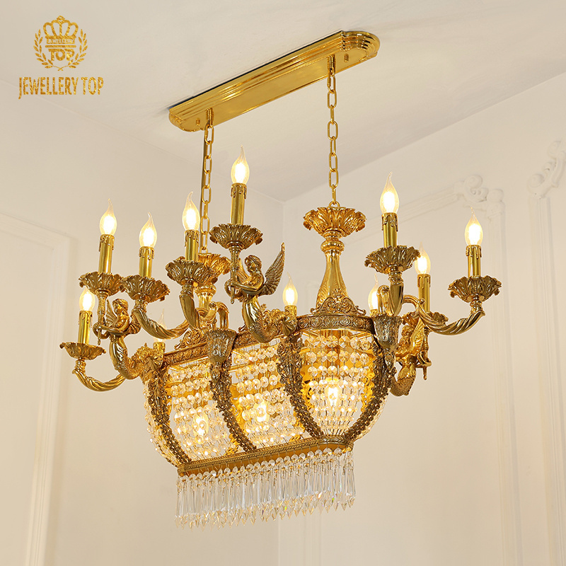 Jewellerytop french gold rectangular lighting low ceiling pendant lamp dining room crystal classical chandelier for dinning room