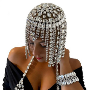 Exaggerated Stage Performance Big Gemstone Tassel Luxury Full Head Chain Jewelry bridal wedding crystal headpiece