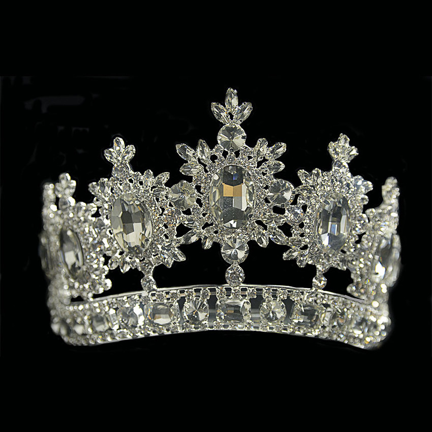 Manual Customization Full Round Big Shiny Beauty Queen Rhinestone Metal Silver Pink AB Pageant Contest Crown and Tiara