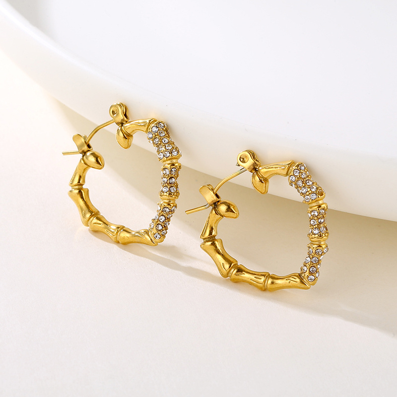 Fashion Custom Personalized Stainless Steel Jewelry 18K Gold Plated Clear Zircon Small Heart Bamboo Hoop Earrings For Women