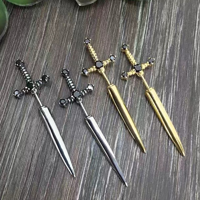 Fashion Custom Vintage Punk Style Stainless Steel Jewelry Crystal Ear Goth Dagger Gothic Sword Earrings For Women And Men