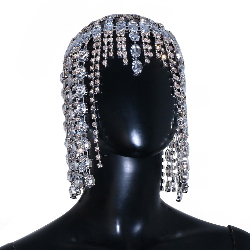 Exaggerated Stage Performance Big Gemstone Tassel Luxury Full Head Chain Jewelry bridal wedding crystal headpiece